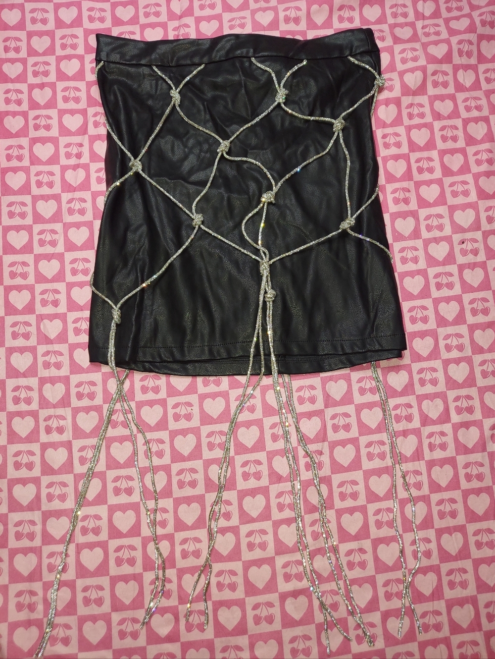 Akira Faux Leather Skirt Long Fishnet Rhinestone Diamonds Decor